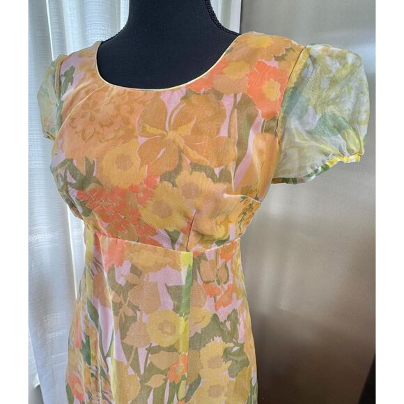 Vintage 1970s maxi dress, orange green pink floral, sheer short puff sleeves - Picture 3 of 10